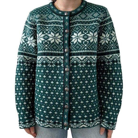 LL Bean Womens Green Fair Isle Snowflake 100% Lambswool Cardigan Sz XL - Picture 1 of 5